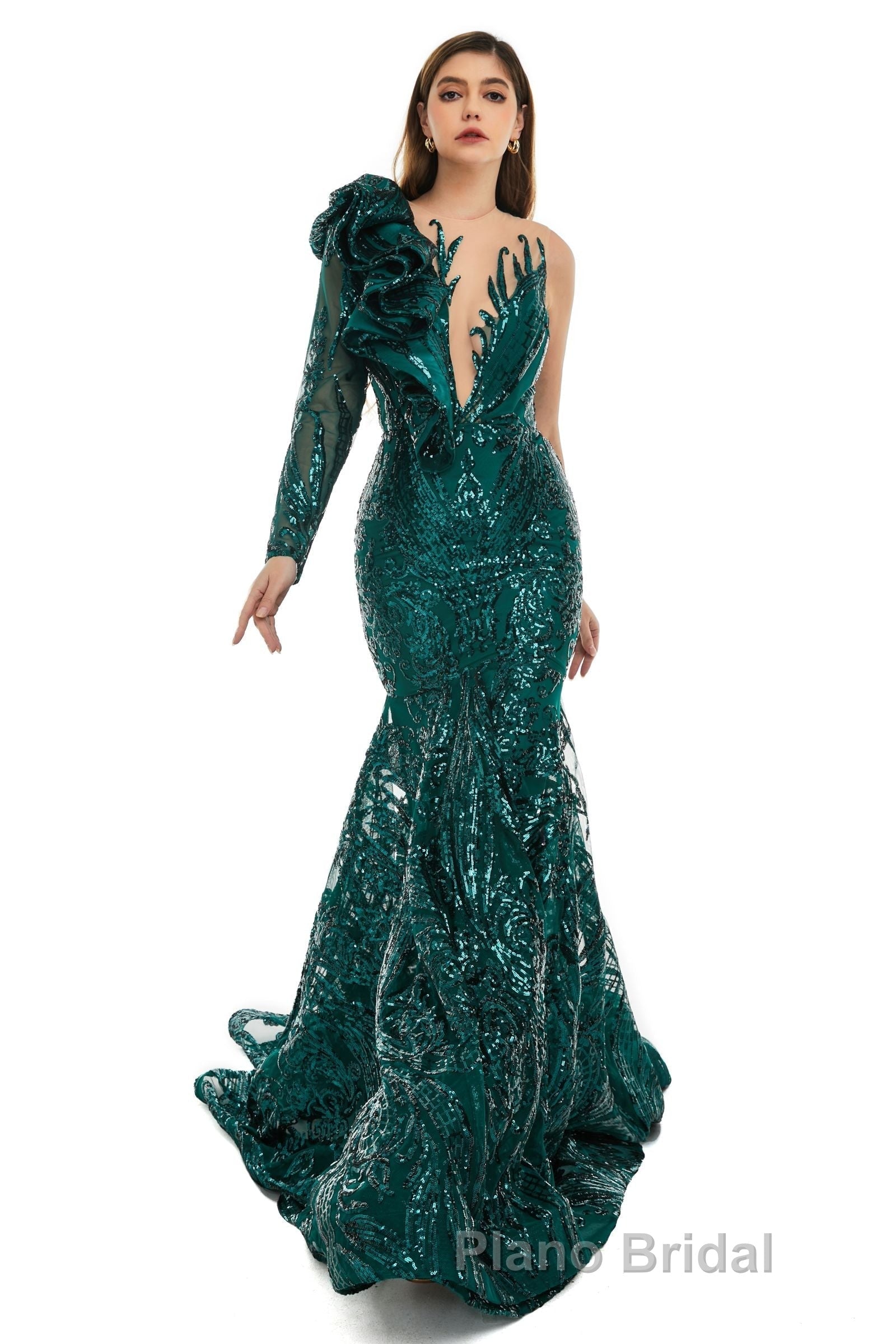 Orange Mermaid One Sleeve Formal Prom Dresses Sequined Lace Jewel Ruffles Evening Party Dress with Appliques