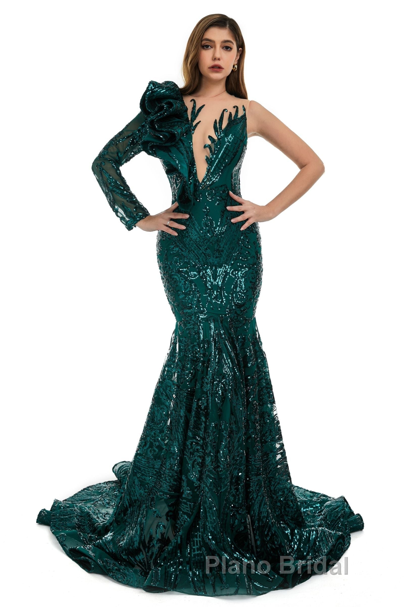 Orange Mermaid One Sleeve Formal Prom Dresses Sequined Lace Jewel Ruffles Evening Party Dress with Appliques
