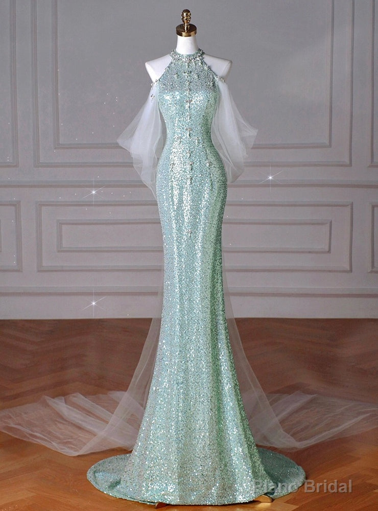 Green Mermaid Sequins Halter Backless Prom Dress Main image