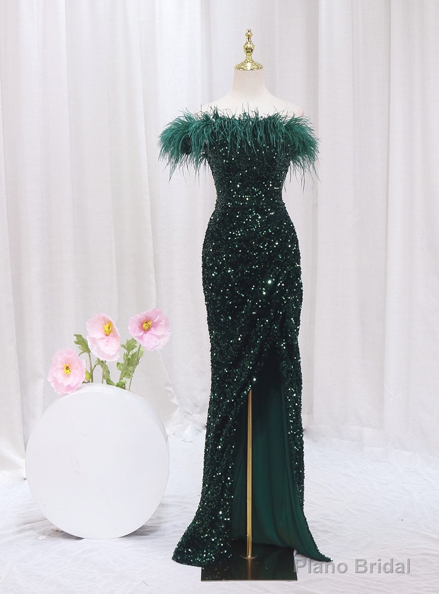 Green Mermaid Sequins One Shoulder Feather Prom Dress Main image