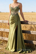 Green Mermaid Spaghetti Straps Pleated Long Corset Satin Prom Dress With Slit