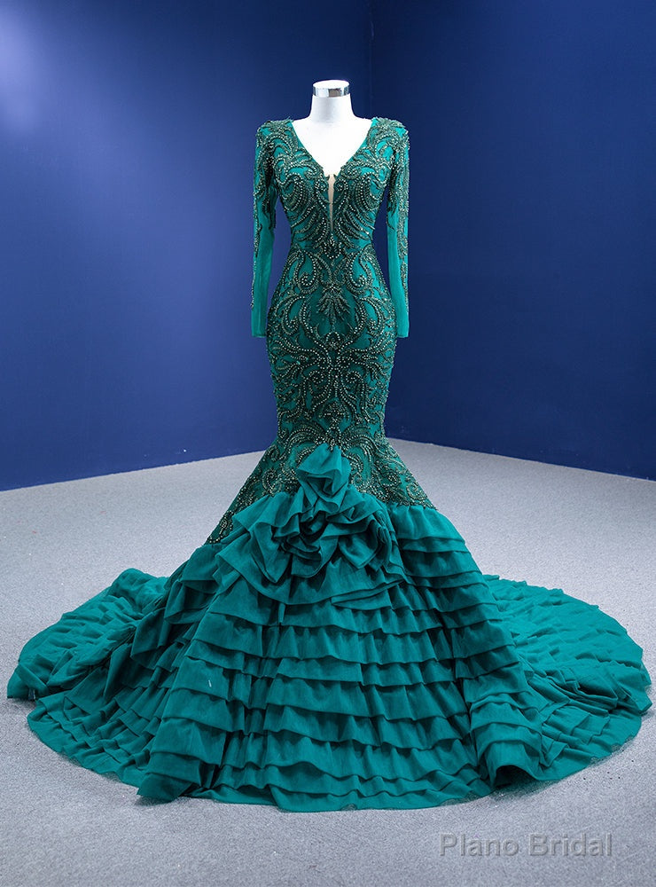 Green Mermaid Tulle Long Sleeve Beading Prom Dress Main image
