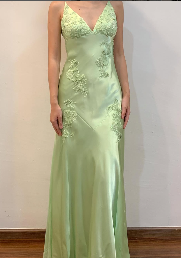 Green Mermaid V Neck Appliques Satin Open Back Long Formal Prom Dresses Outfits Main image