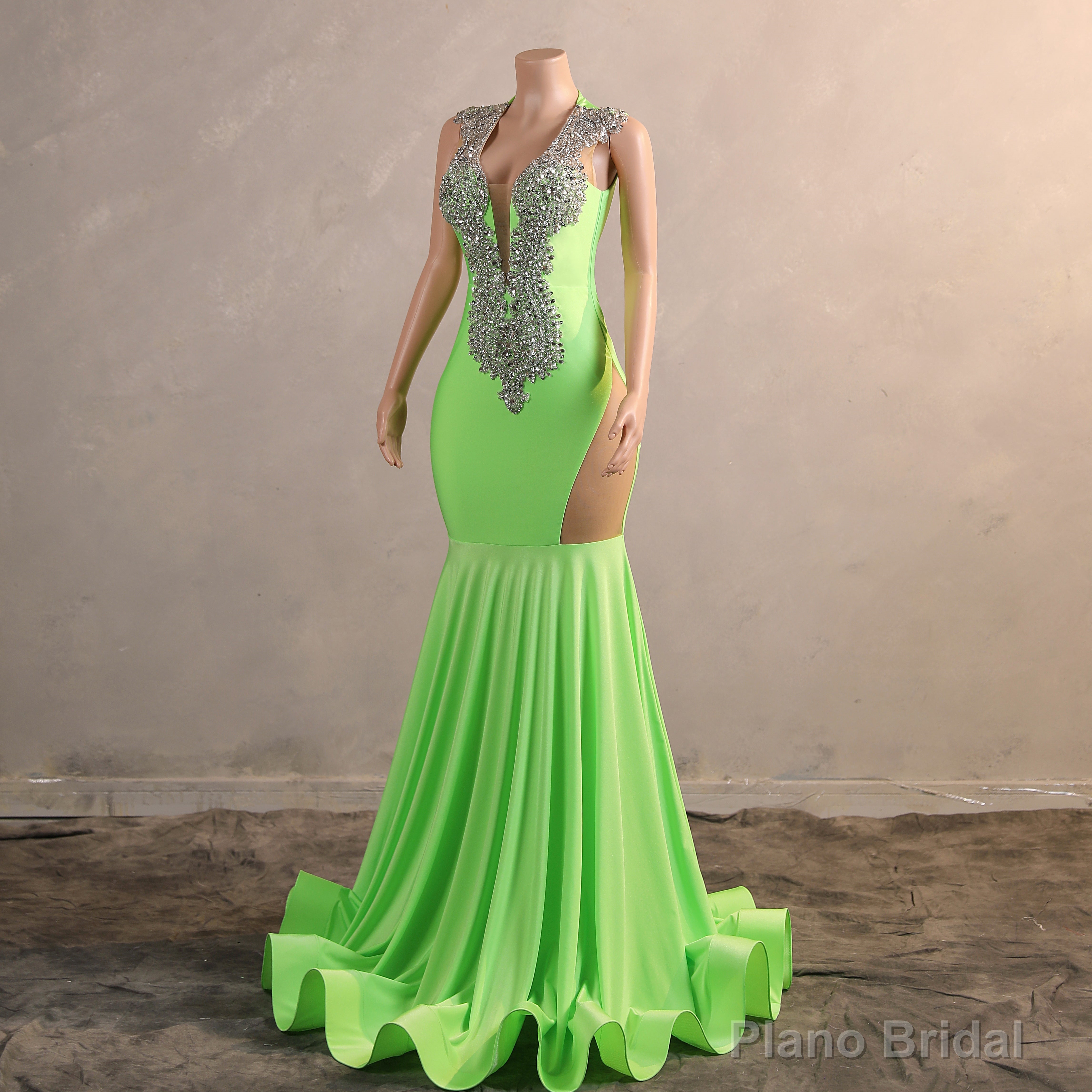 Green Mermaid V-NECK Prom Dresses Sequined Open Back Sleeveless Lace Crystal Formal Evening Party Gowns Secondary image