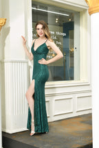 Mermaid V-Neck Spaghetti Straps Sequins Split Floor Length Prom Dresses