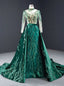 Green Mermaid Velvet High Neck Long Sleeve Sequins Prom Dress With Removable Train