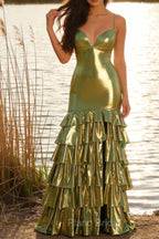 Green Metallic Tiered Mermaid Tie Back Long Prom Dress With Slit