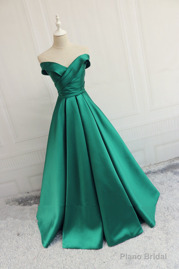 Green Off Shoulder Fashionable Long Evening Dress, Satin Long Prom Dress Main image