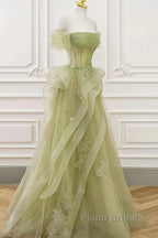 Green Off Shoulder Lace Long Formal Prom Dresses, Green Formal Dresses