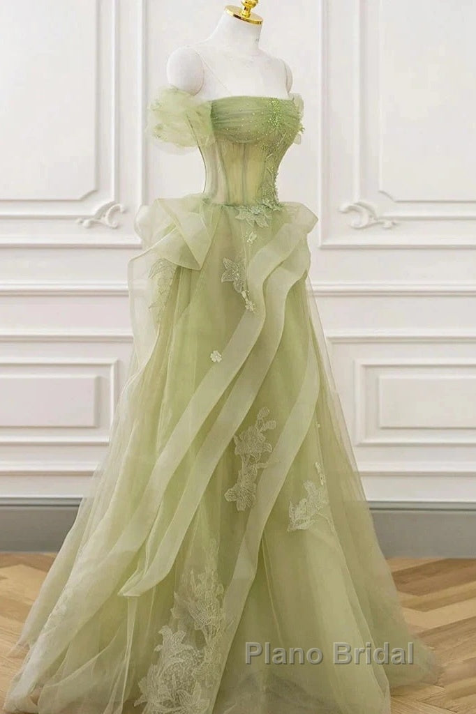 Green Off Shoulder Lace Long Formal Prom Dresses, Green Formal Dresses