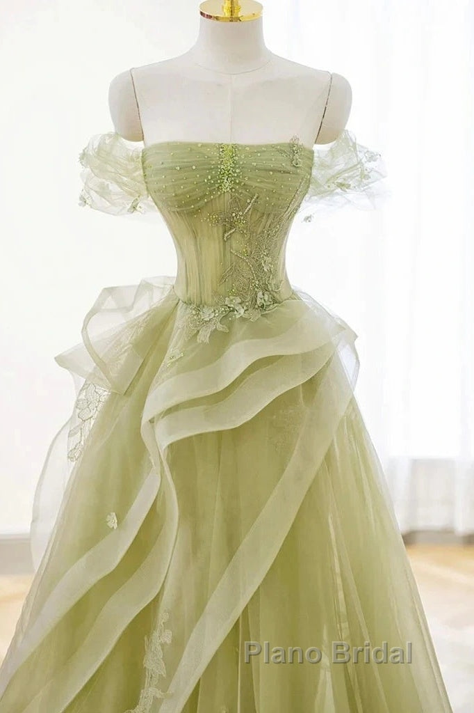 Green Off Shoulder Lace Long Formal Prom Dresses, Green Formal Dresses