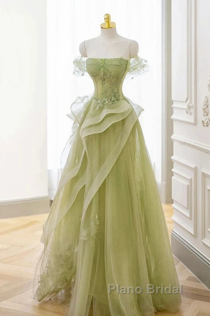 Green Off Shoulder Lace Long Formal Prom Dresses, Green Formal Dresses