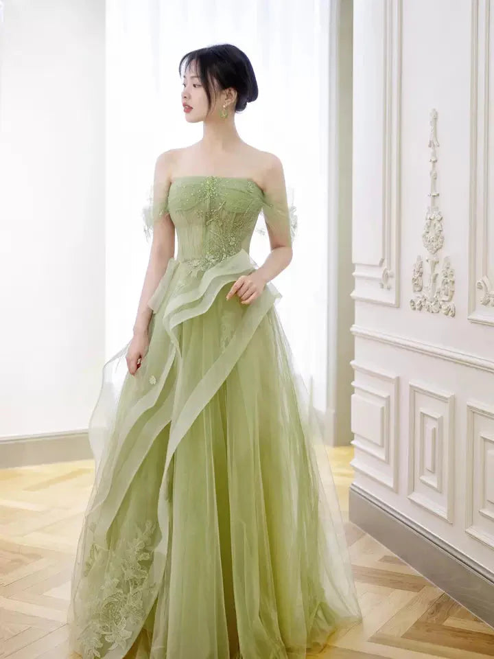 Green Off Shoulder Lace Long Prom Dress, Green Formal Dress