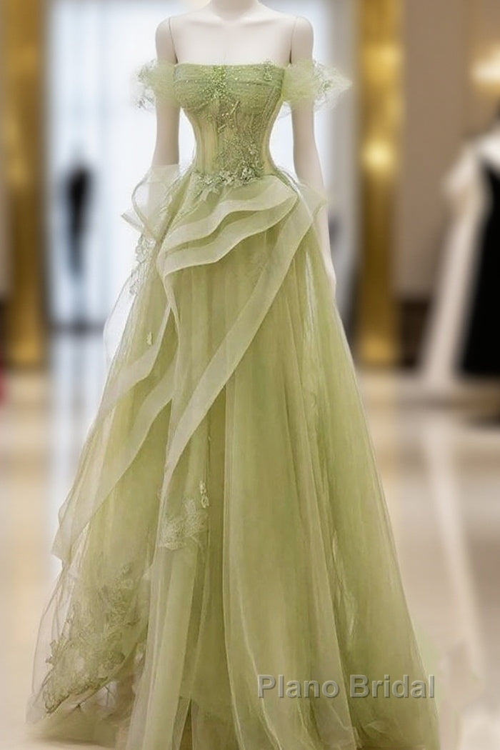 Green Off Shoulder Lace Long Formal Prom Dresses, Green Formal Dresses Main image