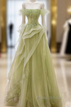 Green Off Shoulder Lace Long Formal Prom Dresses, Green Formal Dresses