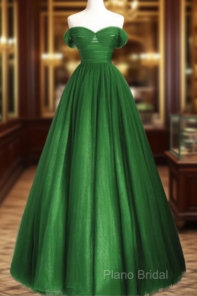 Green Off Shoulder Tulle A-Line Long Party Dresses, Green A-Line Formal Prom Dresses Main image