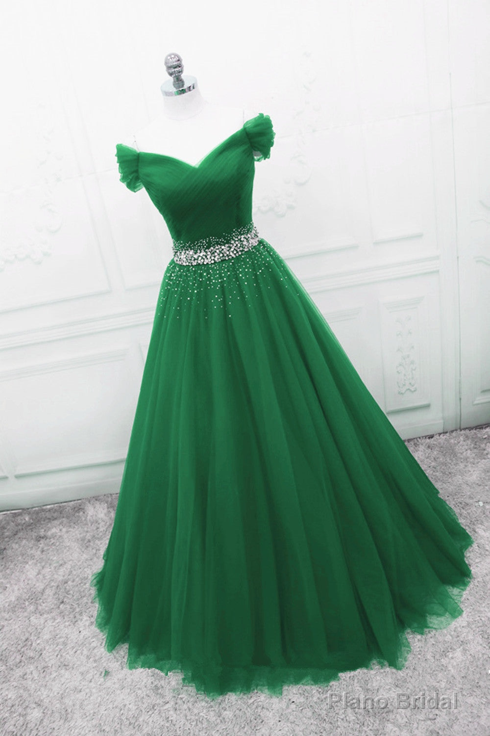Green Off Shoulder Tulle Beaded A-line Formal Dress, Green Floor Length Long Prom Dress Main image