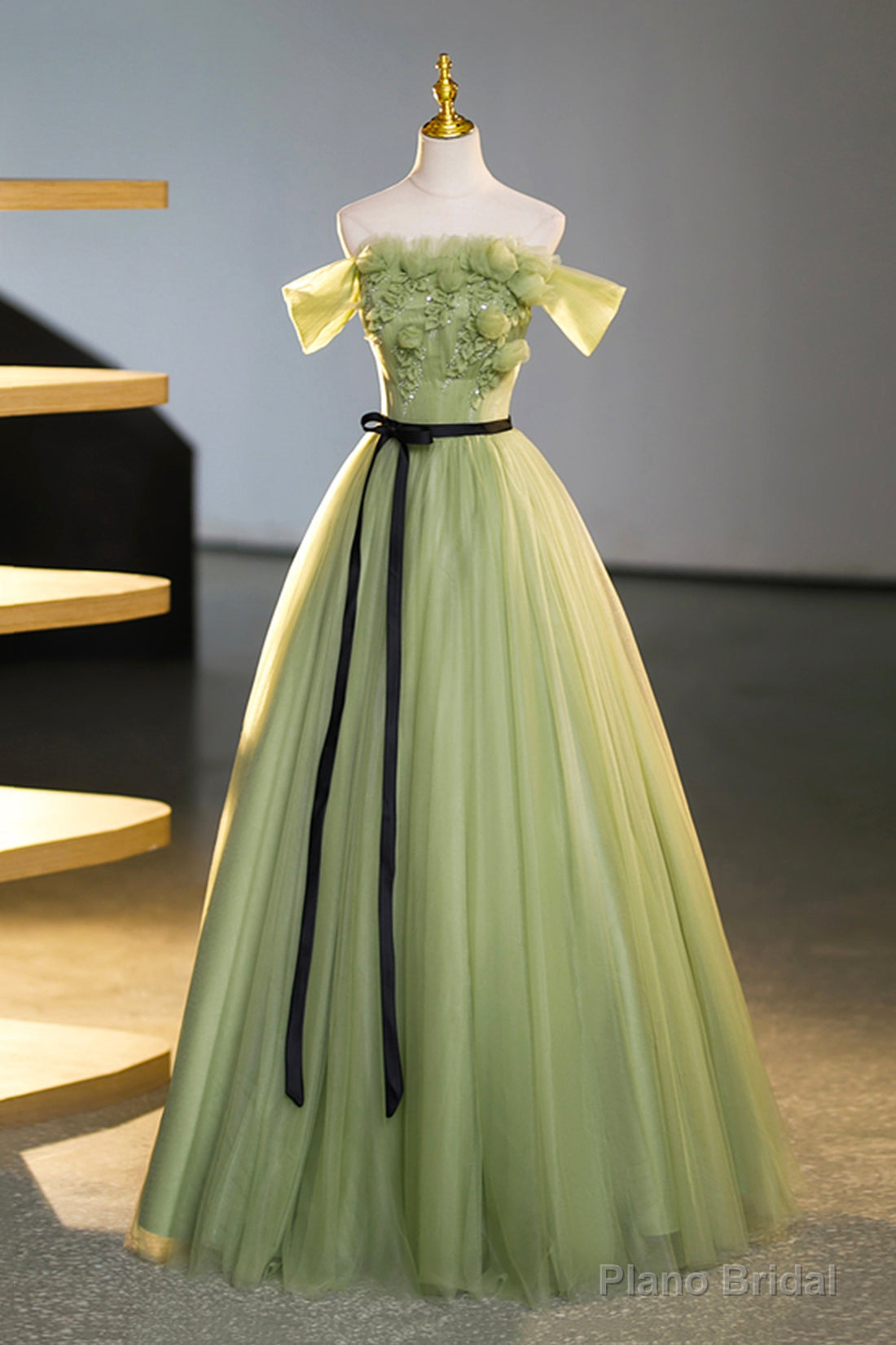 Green Off-Shoulder Tulle Long Formal Dress, A-Line Evening Dress Main image
