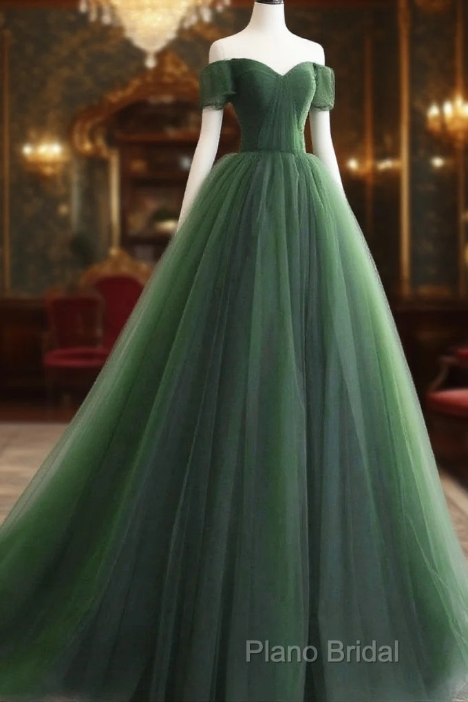 Green Off Shoulder Tulle Sweetheart Long Party Dresses, Green Tulle Formal Dresses Formal Prom Dresses