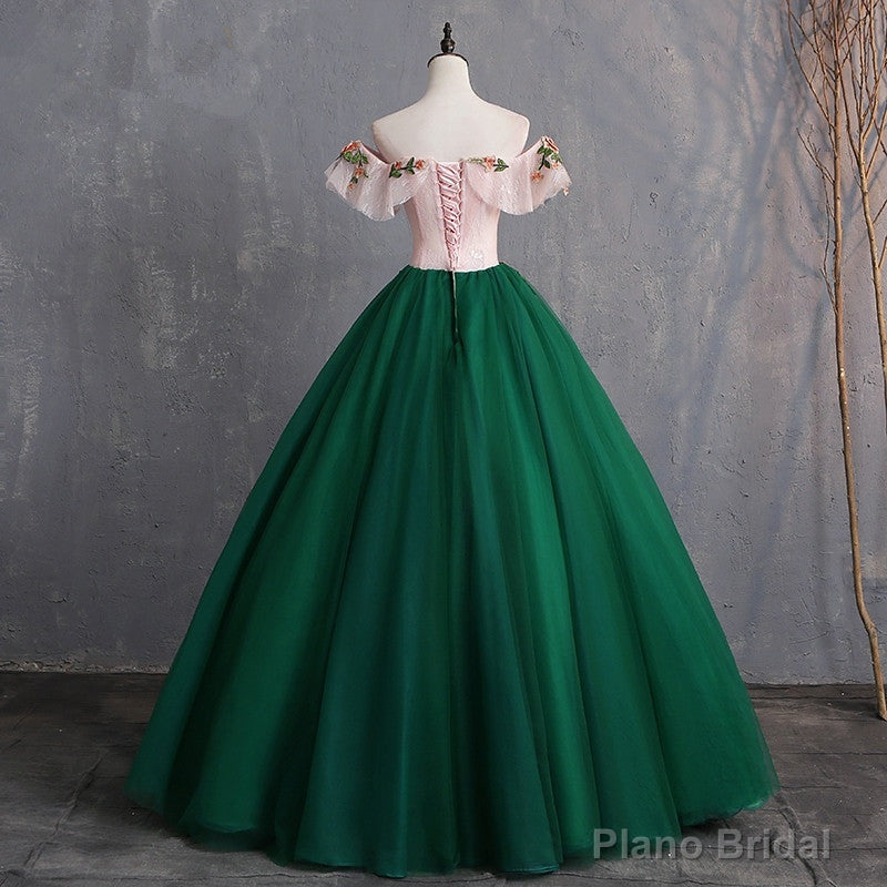 Green Off Shoulder Tulle with Lace Formal Gown, Green Evening Sweet 16 Dresses Main image