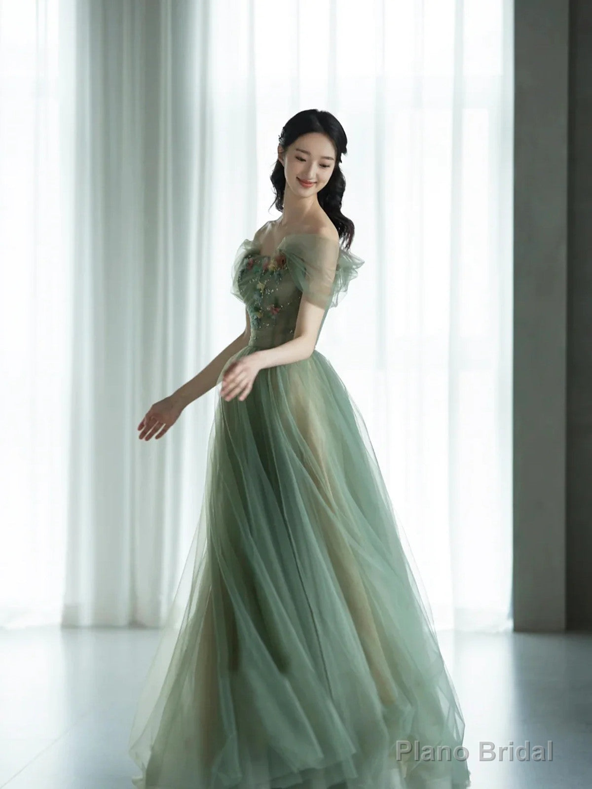 Green Off Shoulder with Flowers Tulle Long Party Dress, Green Prom Dress Secondary image