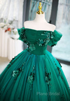 Green Off Shouldr Ball Gown Flowers Tulle Formal Dresses, Green Floor Length Party Dresses