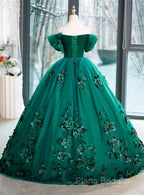 Green Off Shouldr Ball Gown Flowers Tulle Formal Dresses, Green Floor Length Party Dresses