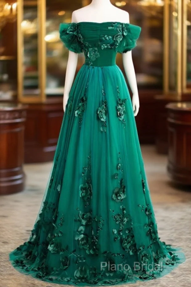 Green Off Shouldr Ball Gown Flowers Tulle Formal Dresses, Green Floor Length Party Dresses Main image