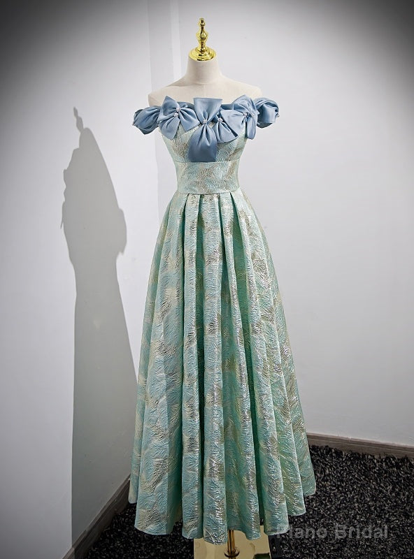 Green Off the Shoulder Bow Prom Dress Main image