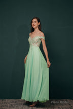 Off The Shoulder Charming Long Chiffon Prom Dresses With Appliques