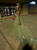 Green Strapless Long Formal Prom Dresses With Appliques