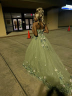 Green Strapless Long Formal Prom Dresses With Appliques