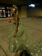 Green Strapless Long Formal Prom Dresses With Appliques