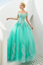 Off the Shoulder Sweetheart Applique A-line Floor Length Prom Dresses