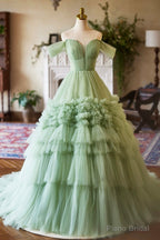 Green Off the Shoulder Tulle Layers Long Formal Dress, Green Evening Party Dress