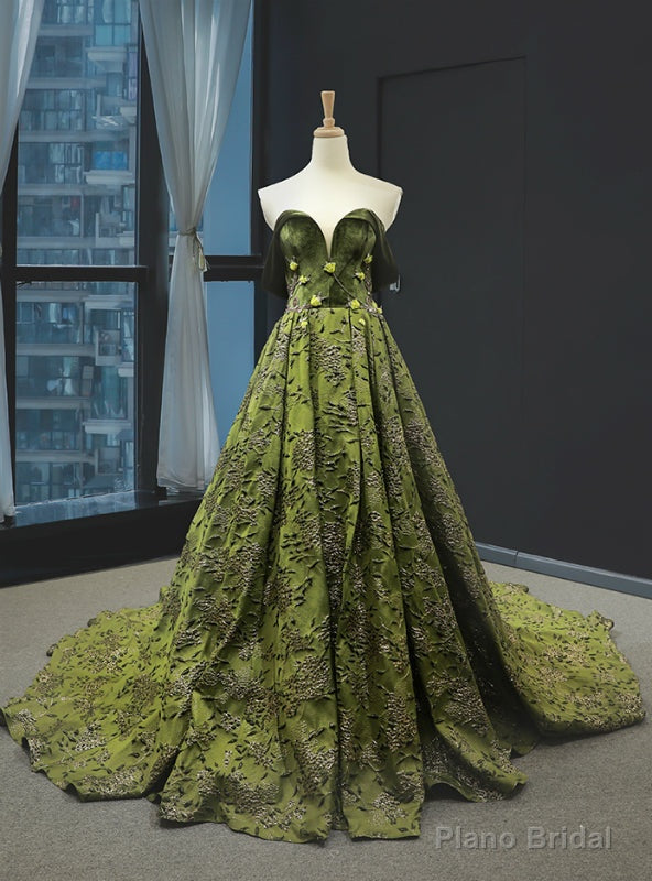 Green Off the Shoulder Velvet Embrodiery Appliques Prom Dress Main image
