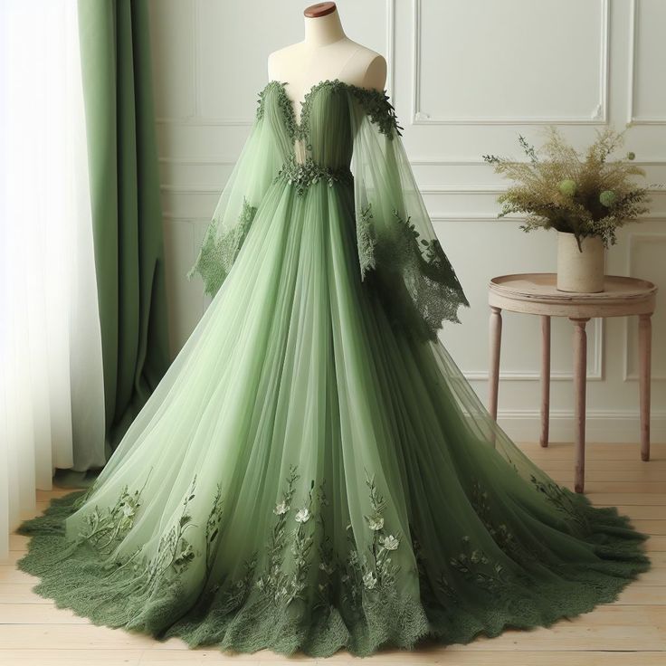 Green Off The Shoulder Wedding Dresses Lace Applique V-Neck Tulle Bridal Gown Secondary image