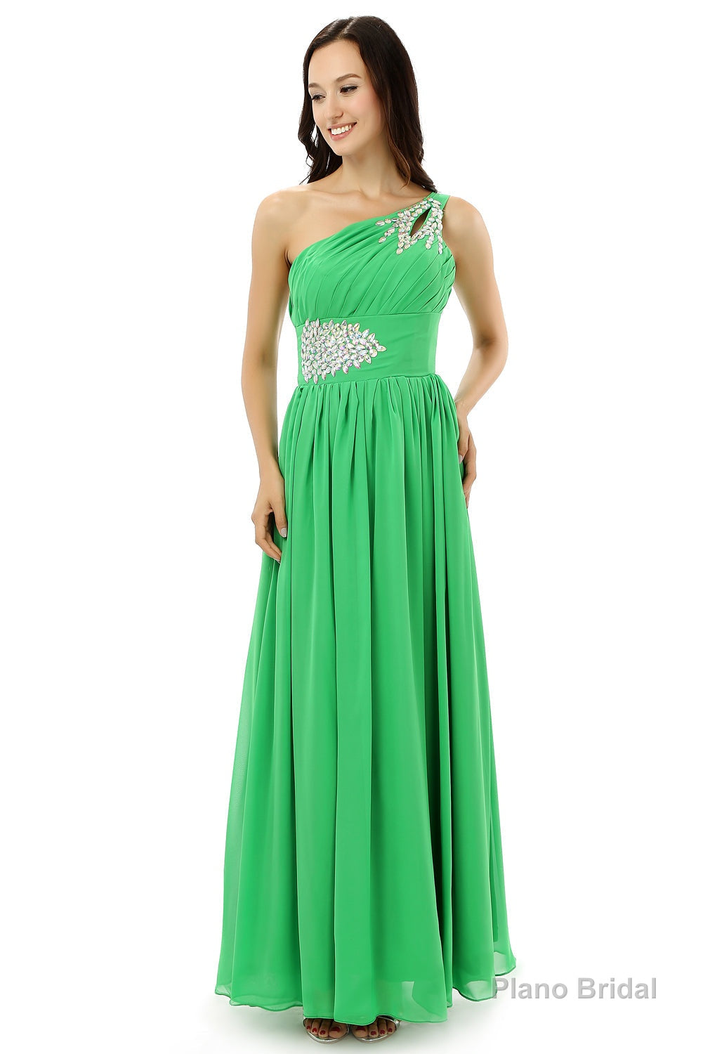 Green One Shoulder Chiffon With Crystal Pleats Bridesmaid Dresses Main image
