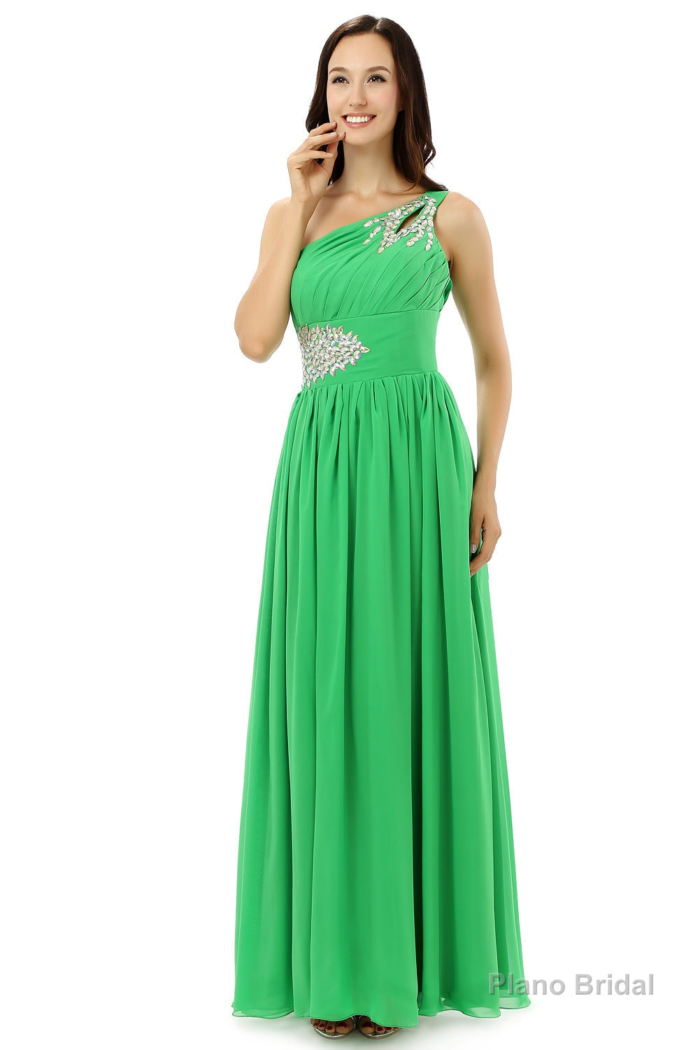 Green One Shoulder Chiffon With Crystal Pleats Bridesmaid Dresses Secondary image
