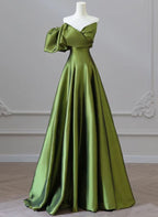 Green One-Shoulder Short Sleeves Backless Sweep Train Formal Prom Dresses, Green Party Dresses