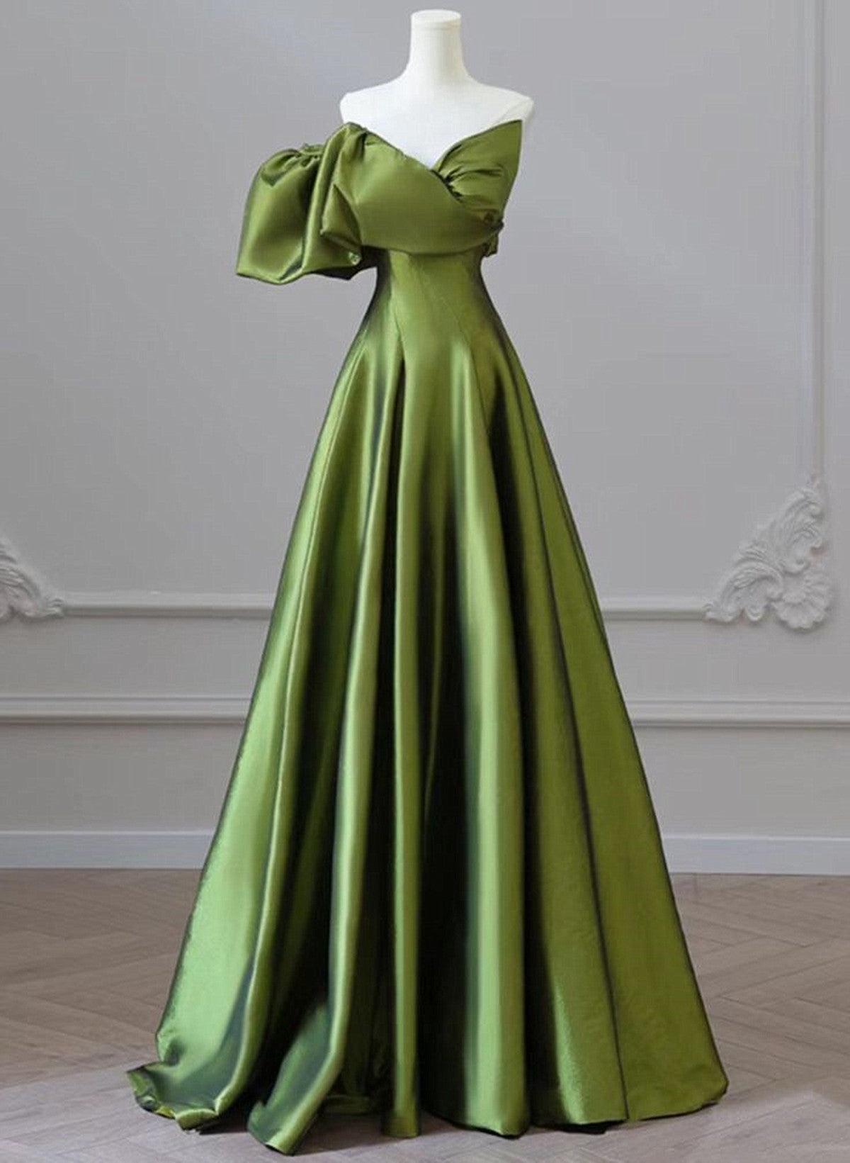 Green One-Shoulder Short Sleeves Backless Sweep Train Formal Prom Dresses, Green Party Dresses