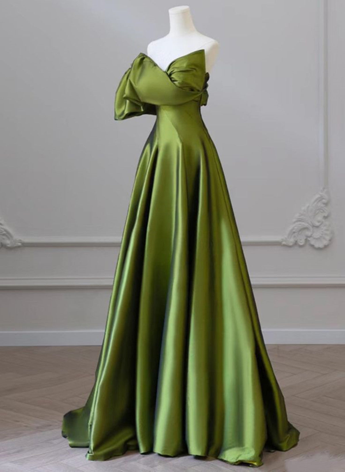 Green One-Shoulder Short Sleeves Backless Sweep Train Formal Prom Dresses, Green Party Dresses Secondary image