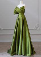 Green One-Shoulder Short Sleeves Backless Sweep Train Formal Prom Dresses, Green Party Dresses