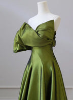 Green One-Shoulder Short Sleeves Backless Sweep Train Formal Prom Dresses, Green Party Dresses