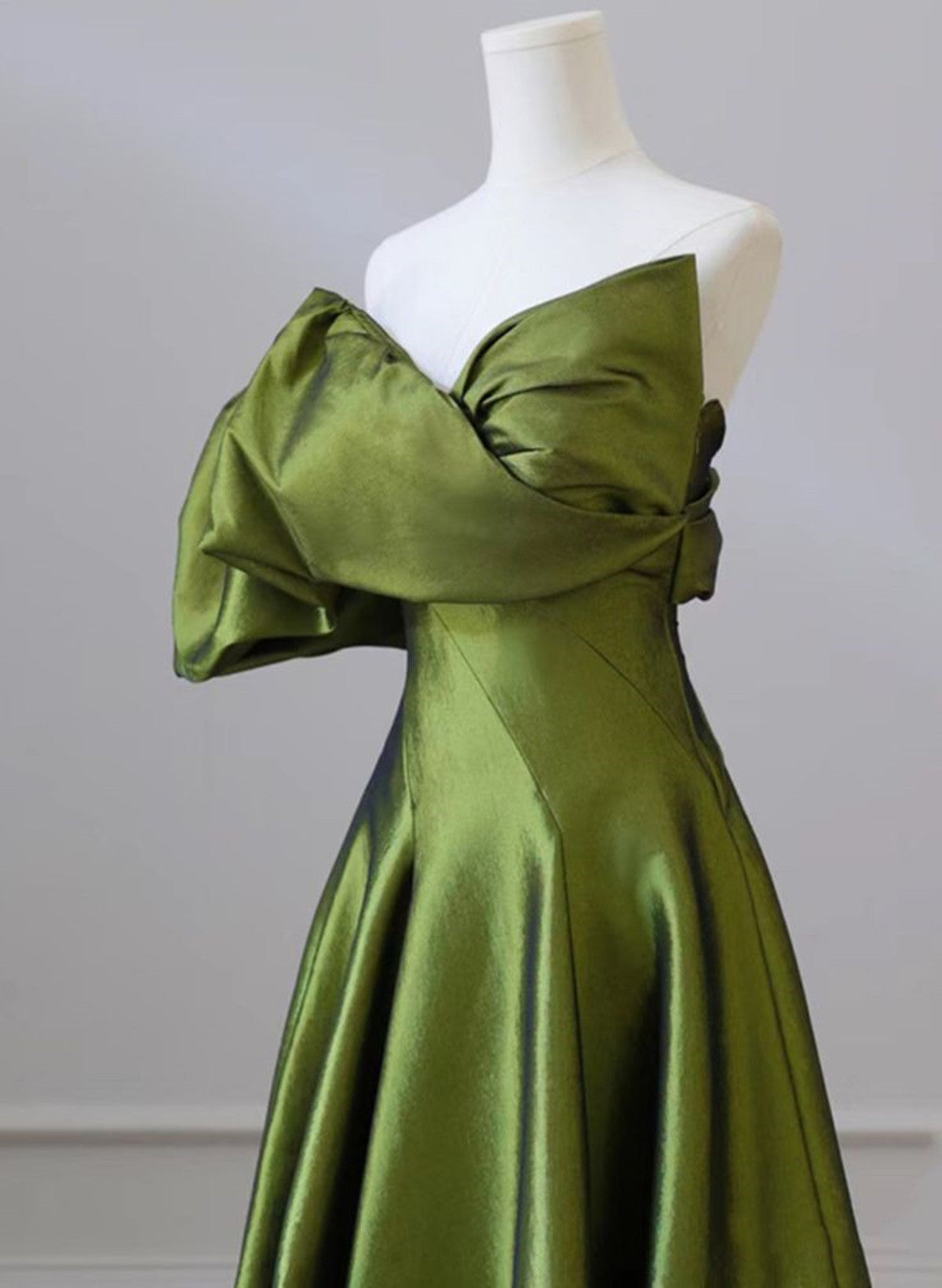 Green One-Shoulder Short Sleeves Backless Sweep Train Formal Prom Dresses, Green Party Dresses
