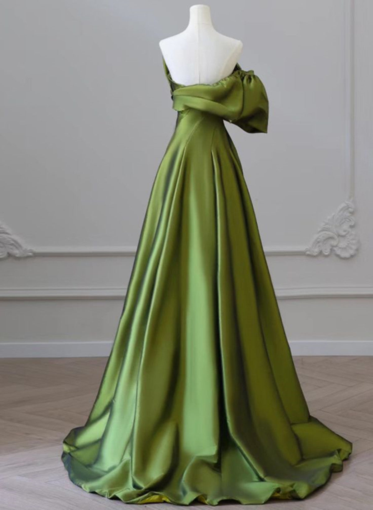 Green One-Shoulder Short Sleeves Backless Sweep Train Formal Prom Dresses, Green Party Dresses