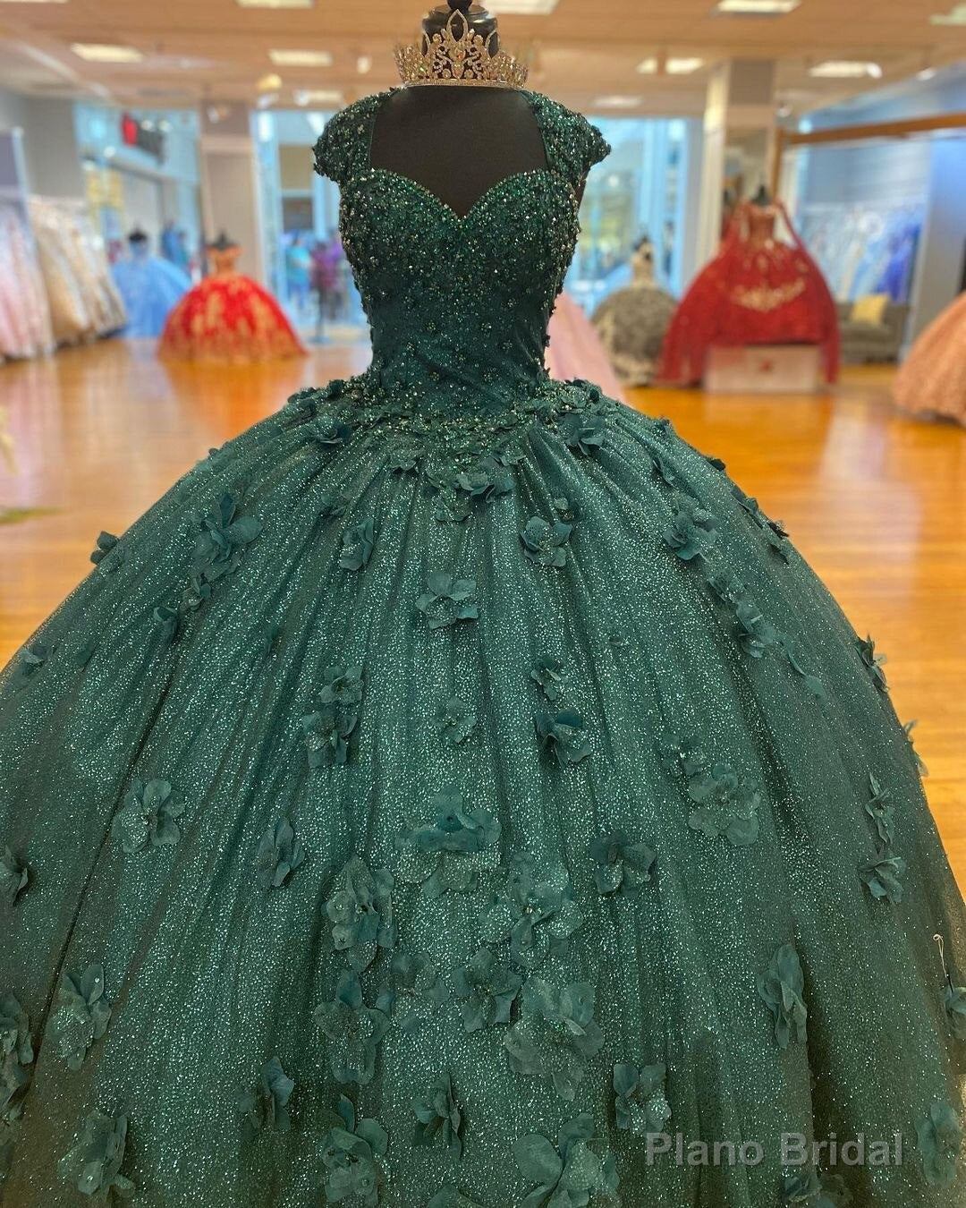 Green Princess Ball Gown Quinceanera Dresses Sweet 15 Party 3D Flowers Lace Applique Crystal Beads Sequin Birthday Gown Main image
