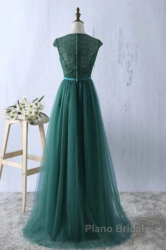 Green Formal Prom Dresses Scoop Tulle & Lace With Sash A Line Sweep Train Floor Length Elegant
