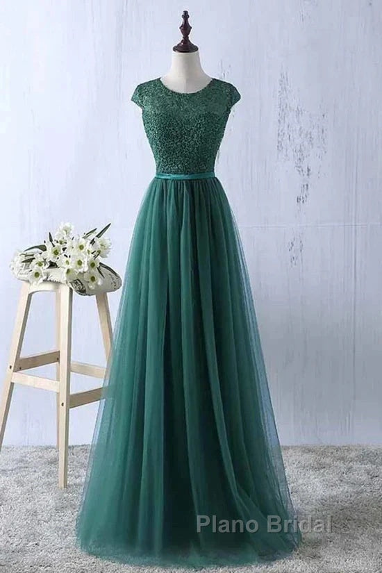 Green Formal Prom Dresses Scoop Tulle & Lace With Sash A Line Sweep Train Floor Length Elegant