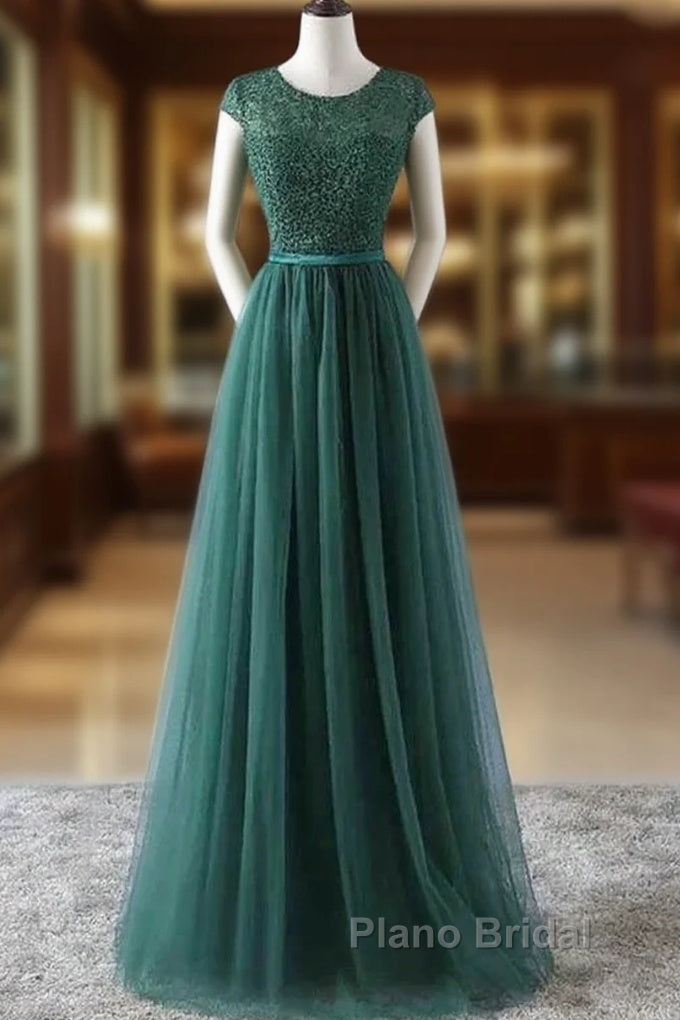 Green Formal Prom Dresses Scoop Tulle & Lace With Sash A Line Sweep Train Floor Length Elegant Main image